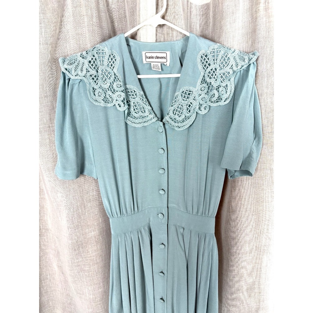 Vintage 90's Karin Stevens Baby Blue Midi Dress Sz Small Lace Coquette Soft Girl